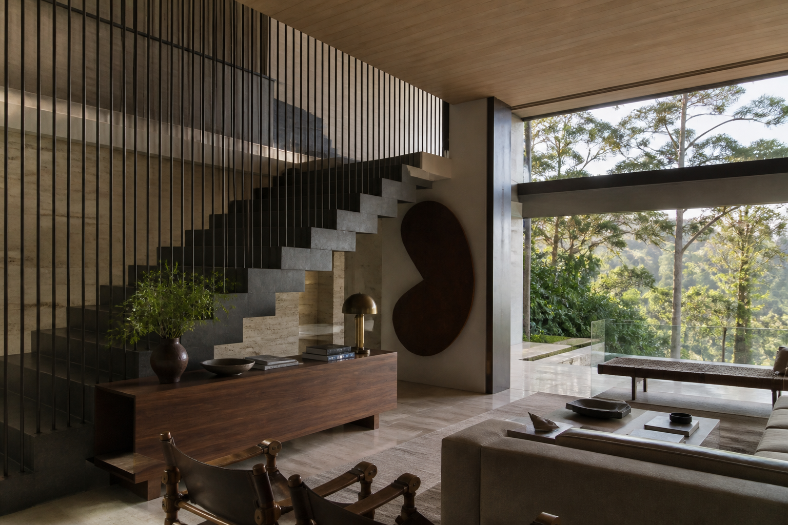 Interior de residência contemporânea com materiais naturais